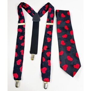 VTG Surrey Heart Tie & Suspenders Black & Red Valentines EUC